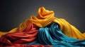 Luxurious rich multicolor: yellow, red, blue silk satin fabric with graceful folds lies in a pile on a dark background. Creative