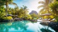 Luxurious and rich vacation on tropical islands, hotel pool against the backdrop of mountains and jungle. Generative ai
