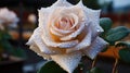 A luxurious rose, with a delicate, bright shade, like a drop of blood on a snow white can Royalty Free Stock Photo