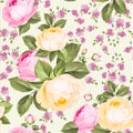 Luxurious rose wallapaper in vintage style. Seamless pattern of blooming roses for floral wallpaper. Pink romantic theme