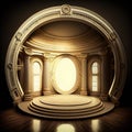 Generative AI: luxurious round fantasy room with many ornaments and stage