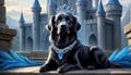 A luxurious royal court, a majestic black dog sits on a soft red carpet, its noble bearing radiating an aura of royalty. Royalty Free Stock Photo