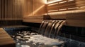 A luxurious sauna featuring a personal waterfall feature and custom aromatherapy options for the ultimate indulgence. Royalty Free Stock Photo