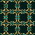 Luxurious seamless pattern with metallic golden and dark cyan decorative ornament on dark teal background