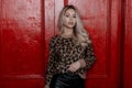Luxurious sensual young woman in a beautiful fashionable leopard sweater in vintage black leather pants posing in a studio
