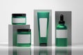Set of cosmetic bottles in green colors.