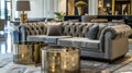 A luxurious sitting area in a hotel lobby with plush grey velvet sofas and golden coffee tables creating a refined and Royalty Free Stock Photo