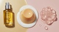 Luxurious Golden Oil, Creamy Pudding, and Translucent Jelly Skincare Textures Isolated on Neutral Background