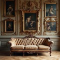luxurious sofa in a baroque hall with paintings on the wall AI generated Royalty Free Stock Photo