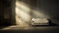 Luxurious sofa in an old and abandoned room in the morning. - Generative ai