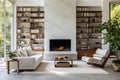 Luxurious and Sophisticated Living Room with Stunning Marble Wall Fireplace and Stylish Bookcase