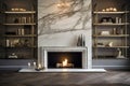 Luxurious and Sophisticated Living Room with Stunning Marble Wall Fireplace and Stylish Bookcase