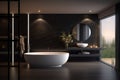 Luxurious spa-like bathroom with a freestanding bathtub, black marble accents, and soothing lighting, creating a serene oasis for