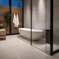 A luxurious spa-like bathroom with a freestanding bathtub and glass shower1