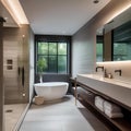 A luxurious spa-like bathroom with a freestanding bathtub and glass shower3