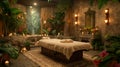 Elegant spa room with bed and candles. Generative AI Royalty Free Stock Photo