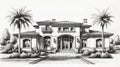 Luxurious Spanish Colonial Villa: Detailed Black And White Pencil Sketch Royalty Free Stock Photo