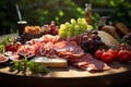 Luxurious Spread Of Deli Meats, Artisan Cheeses, And Ripe Fruits On A Wooden Table. Generative AI Royalty Free Stock Photo