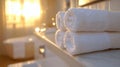 Stack of fluffy white towels sitting on bathroom countertop Royalty Free Stock Photo