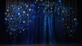 A luxurious stage set with deep blue velvet curtains under a cascade of twinkling stars, creating a celestial aura