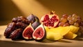 Luxurious Still Life of Dates Figs and Pomegranate with Warm Studio Light Royalty Free Stock Photo