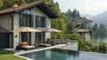 Luxurious stone villa overlooking a lake with a private pool and patio Royalty Free Stock Photo