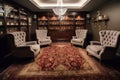 luxurious storage room with plush carpet, grand armchairs, and crystal decanters