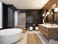 Luxurious-style bathroom with large bathtub, shower and double washbasin. Black marble walls