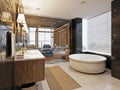 Luxurious-style bathroom with large bathtub, shower and double washbasin. Black marble walls