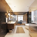 Luxurious-style bathroom with large bathtub, shower and double washbasin. Black marble walls
