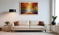 modern white leather sofa against white wall painting.