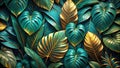 Luxurious teal and gold tropical leaf background pattern. Generative AI Royalty Free Stock Photo