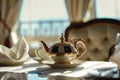 luxurious teapot set on a dining table near a window with daylight