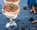 Luxurious tiramisu in cocktail glasses decorated with cocoa powder on a dark background Royalty Free Stock Photo