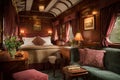 A luxurious train cabin featuring a bed, sofa, and classic antique decor Royalty Free Stock Photo