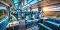 Luxurious Train Interior Spacious Windows Vibrant Blue Patterned Seats and a Journey of Elegance Royalty Free Stock Photo
