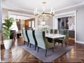 Luxurious trendy dining room interior in art deco style, beige interior with green furniture. Rectangular table with six chairs Royalty Free Stock Photo