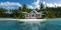 luxurious tropical bungalow, nestled on a private island around azure clear water. travel and relax concept. Ai generated