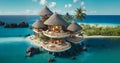 luxurious tropical bungalow, nestled on a private island around azure clear water. travel and relax concept. Ai generated