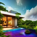 Luxurious tropical pool villa with refined architecture in a lush greenery garden. generative ai