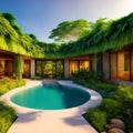 Luxurious tropical pool villa with refined architecture in a lush greenery garden. generative ai