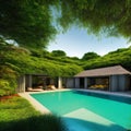 Luxurious tropical pool villa with refined architecture in a lush greenery garden. generative ai