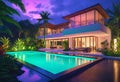 Luxurious tropical villa with swimming pool and exquisite architecture in a lush green garden