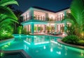 Luxurious tropical villa with swimming pool and exquisite architecture in a lush green garden