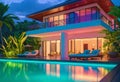 Luxurious tropical villa with swimming pool and exquisite architecture in a lush green garden