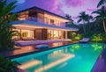 Luxurious tropical villa with swimming pool and exquisite architecture in a lush green garden