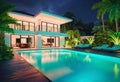 Luxurious tropical villa with swimming pool and exquisite architecture in a lush green garden