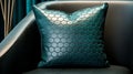 Luxurious Turquoise Leather Pillow On Sofa With Black Arm Rest