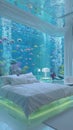 Luxurious underwater bedroom with panoramic aquarium ceiling view Royalty Free Stock Photo