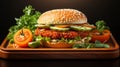 Luxurious Veggie Burger With Exotic Vegetables On Wooden Board